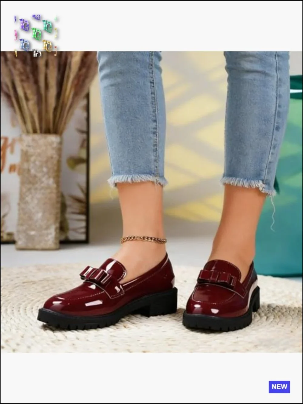 Patent Leather Chunky Heel Loafers Metal Buckle Lug Sole Platform Slip On Penny
